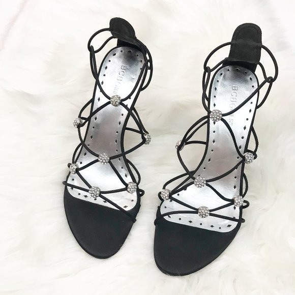 90's Inspired Strappy Black Heeled Sandals - 7B - Picture 1 of 6